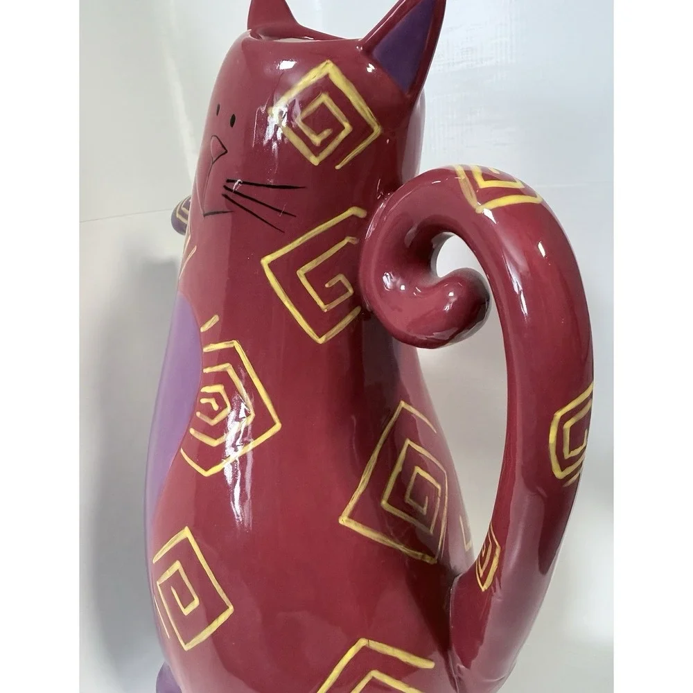 Ganz Bella Casa Ceramic Cat Pitcher Teapot Maroon Spiral Rare BC12763